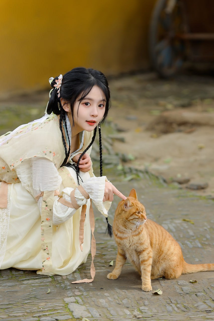 女子蹲在地上，轻抚橘猫
