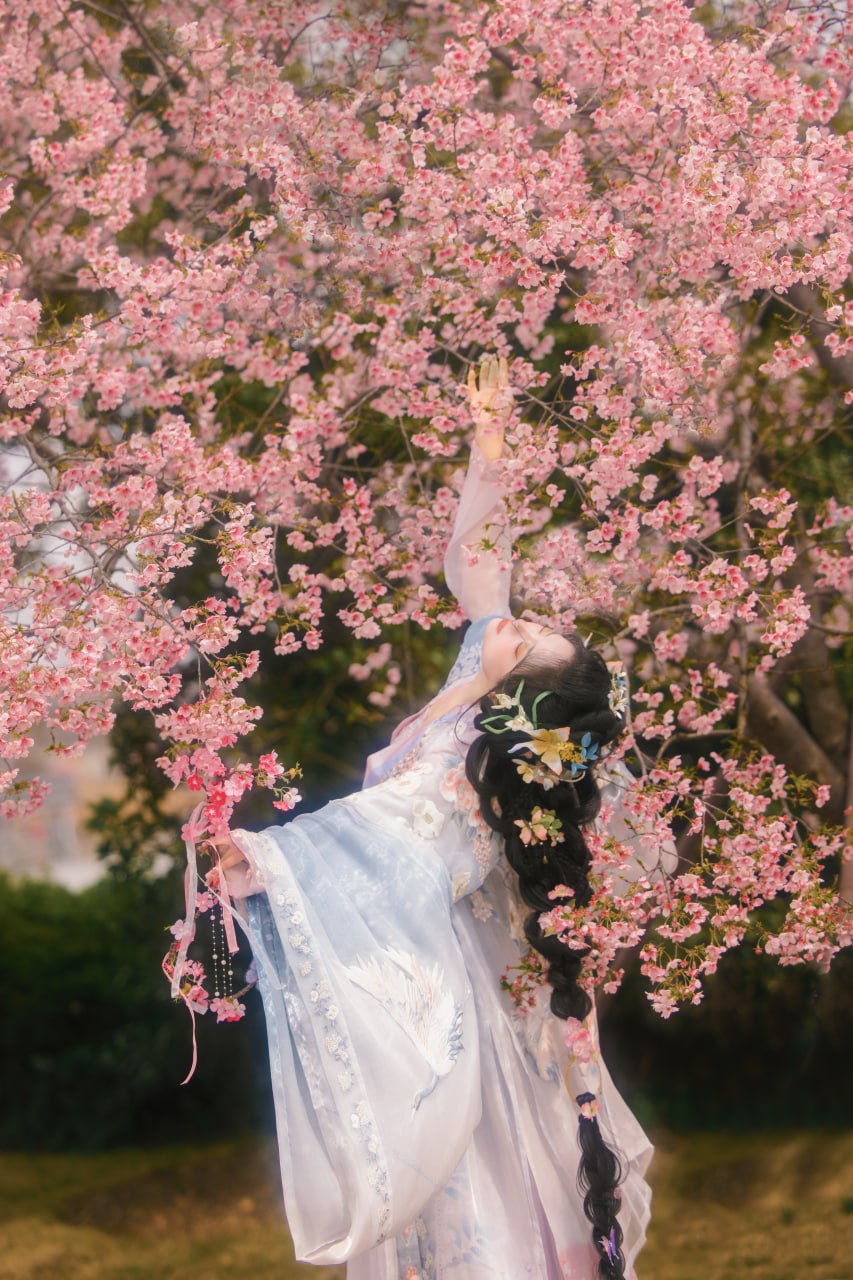 少女仰首持花枝