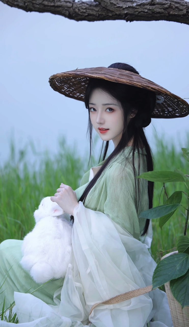 抱偶席坐提竹篮