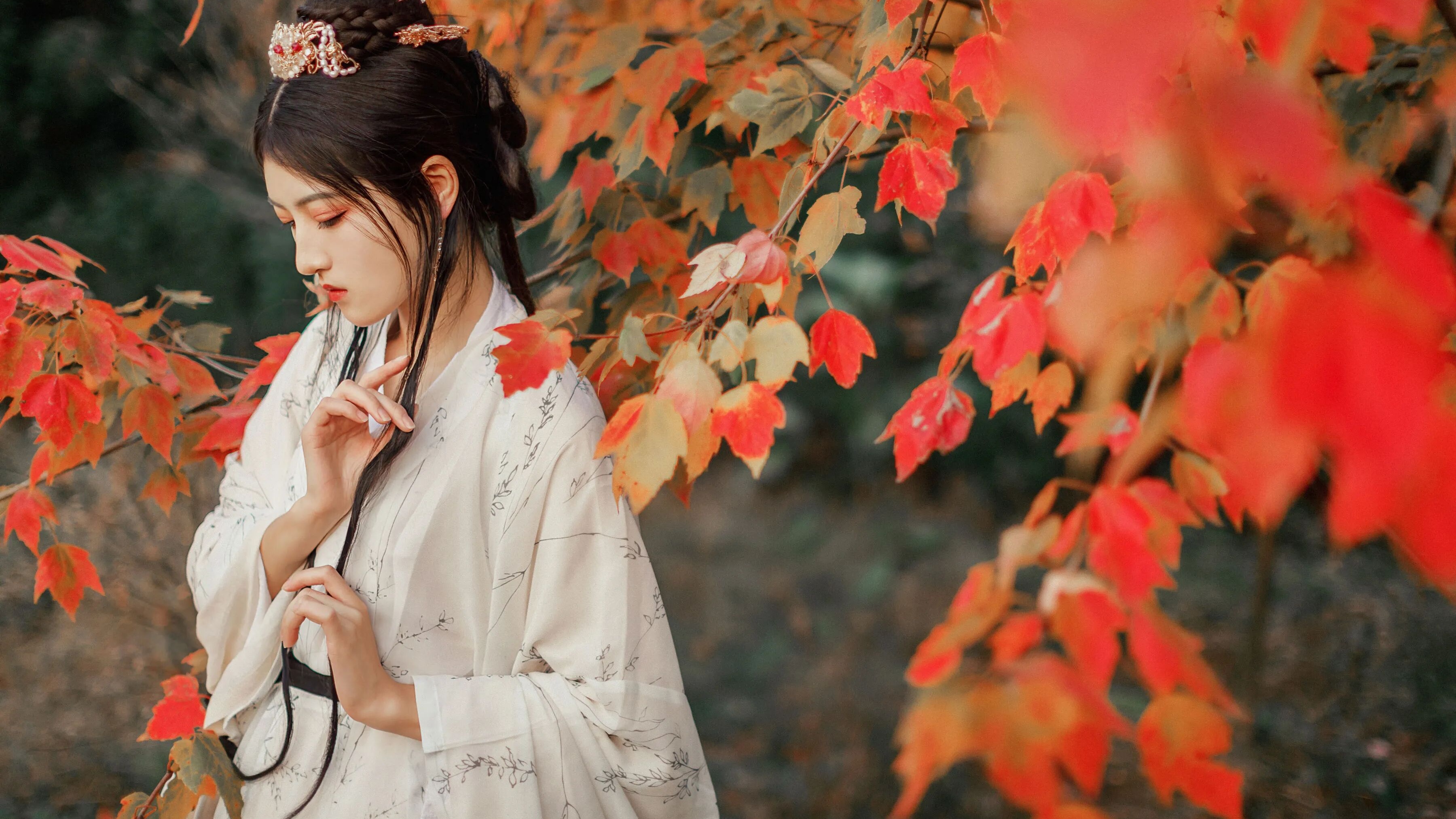 红枫林里|白色印花汉服书法折扇拍出清冷东方感