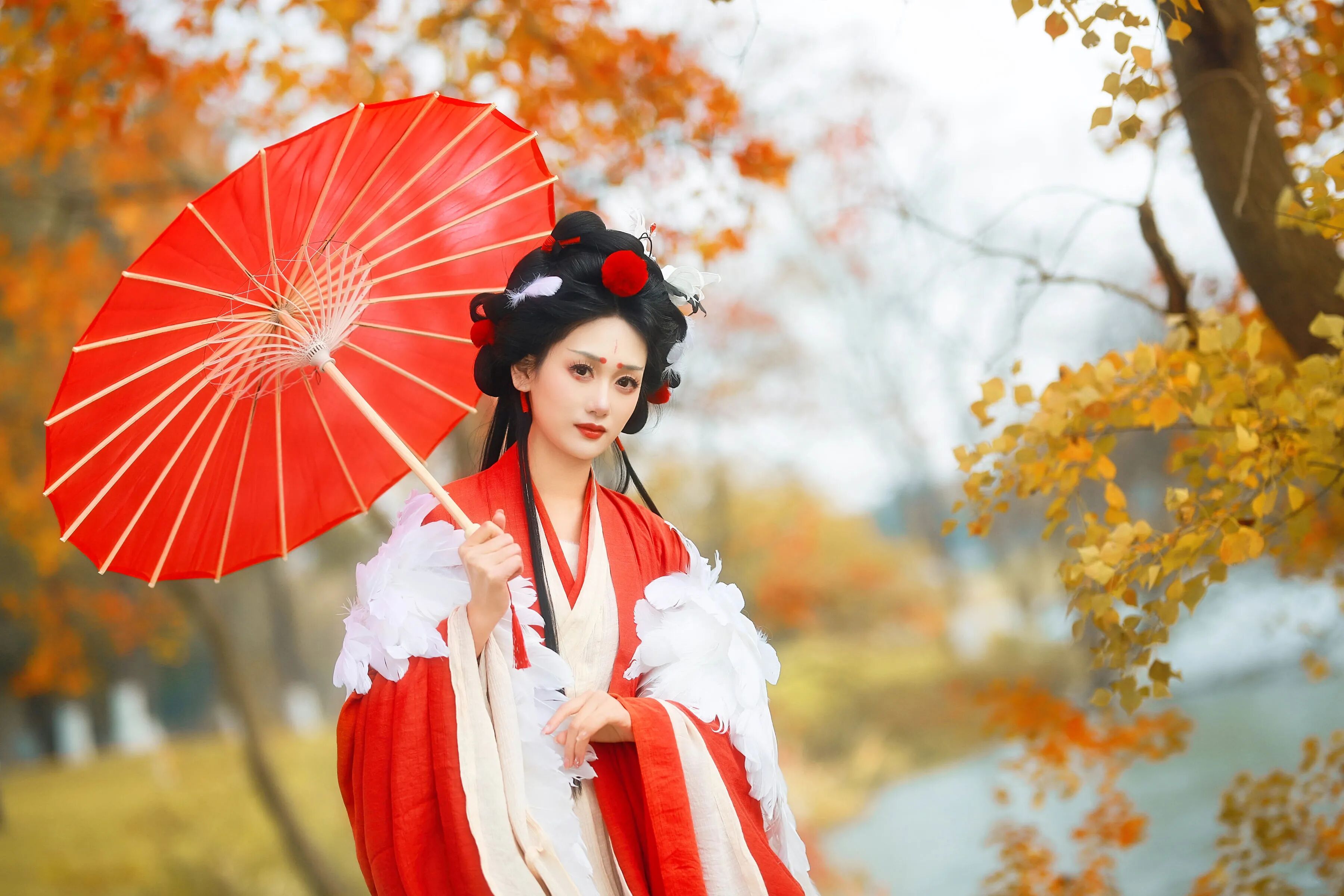 撑伞而立，银杏前景