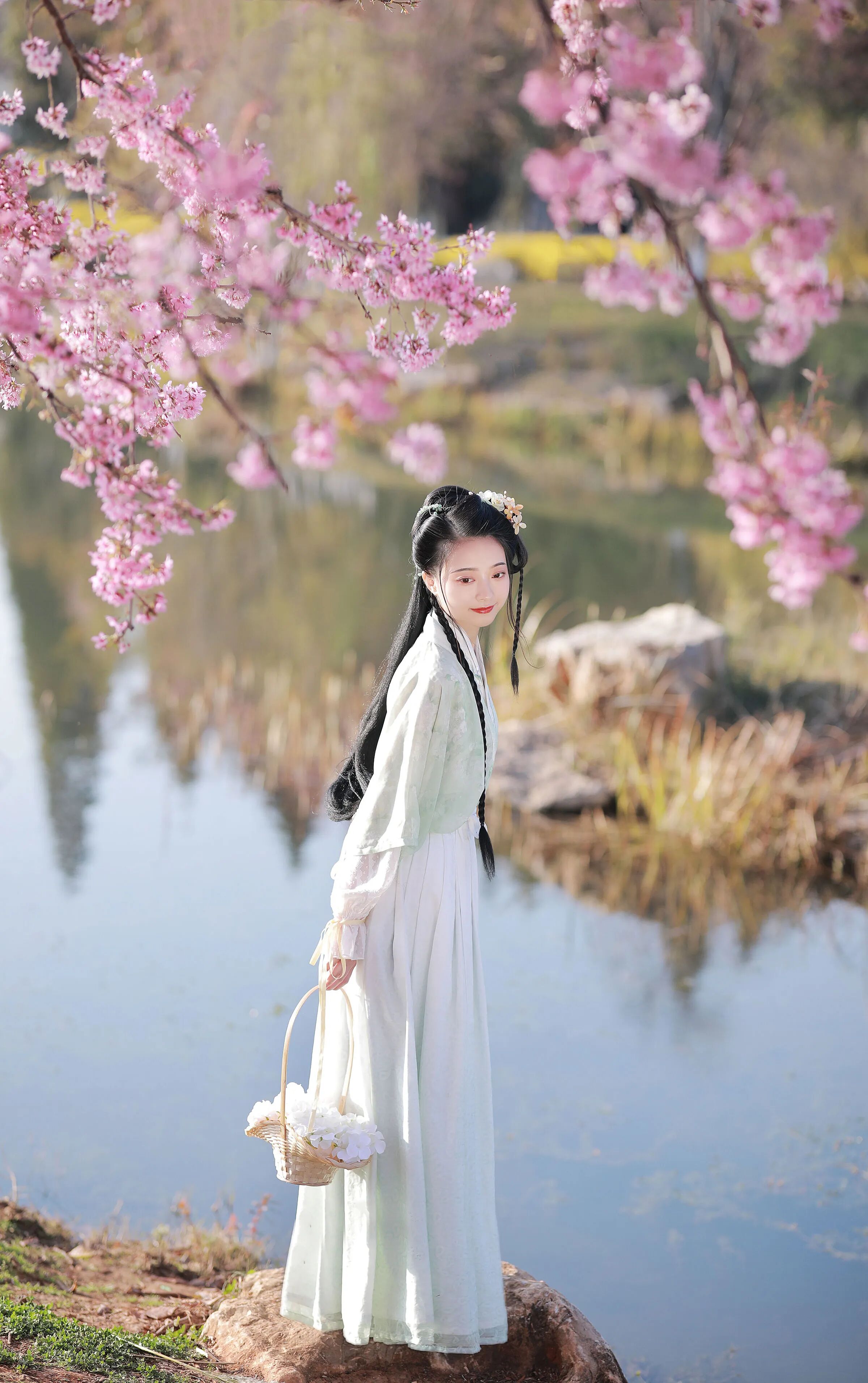 湖边石头上回眸