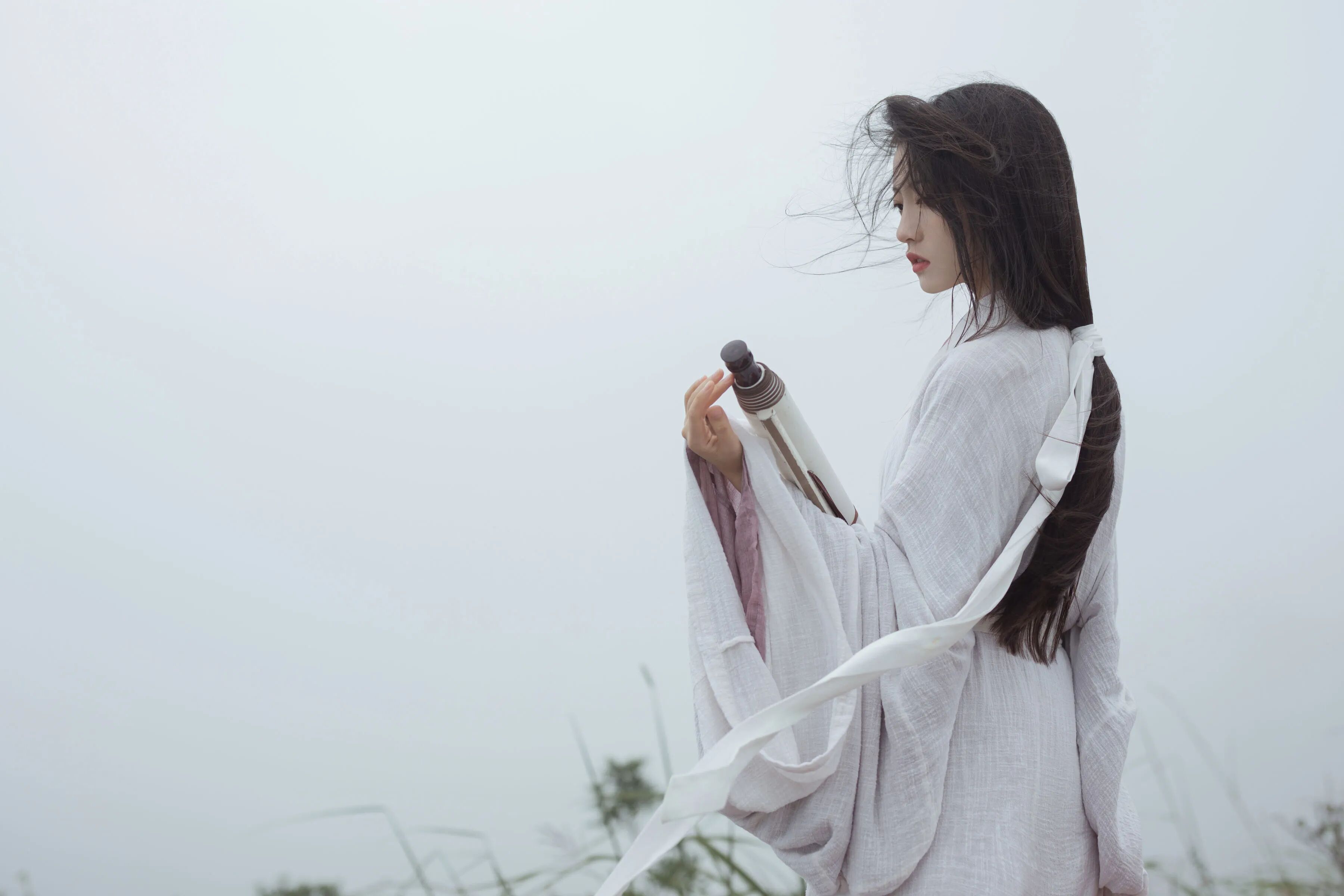 握卷低眉顺风吹,减淡背景强水墨