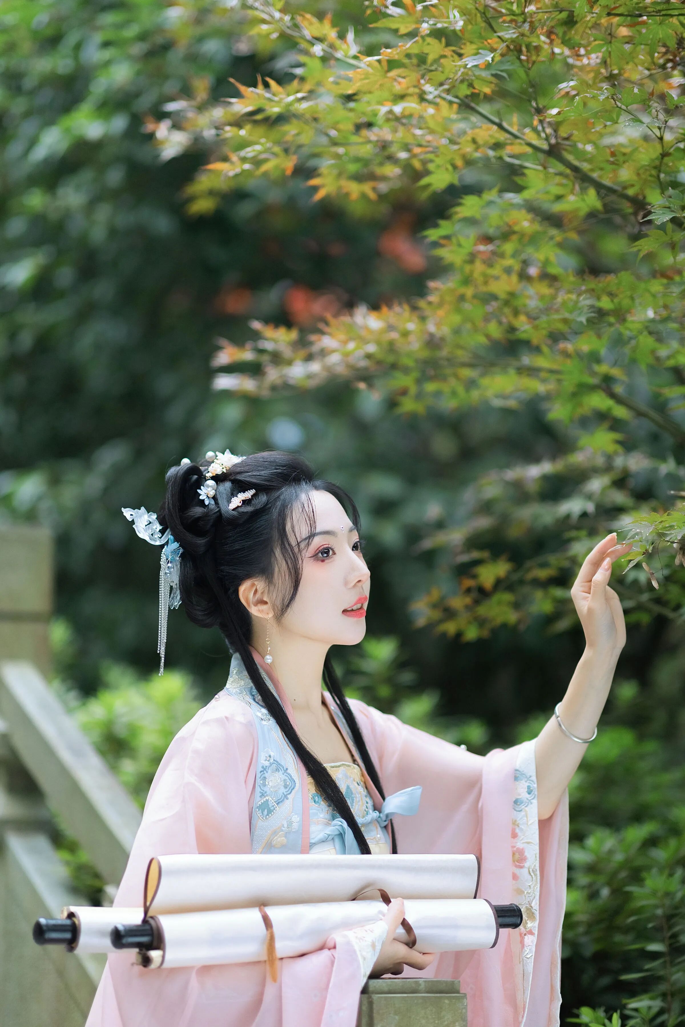 仰头轻触枫叶