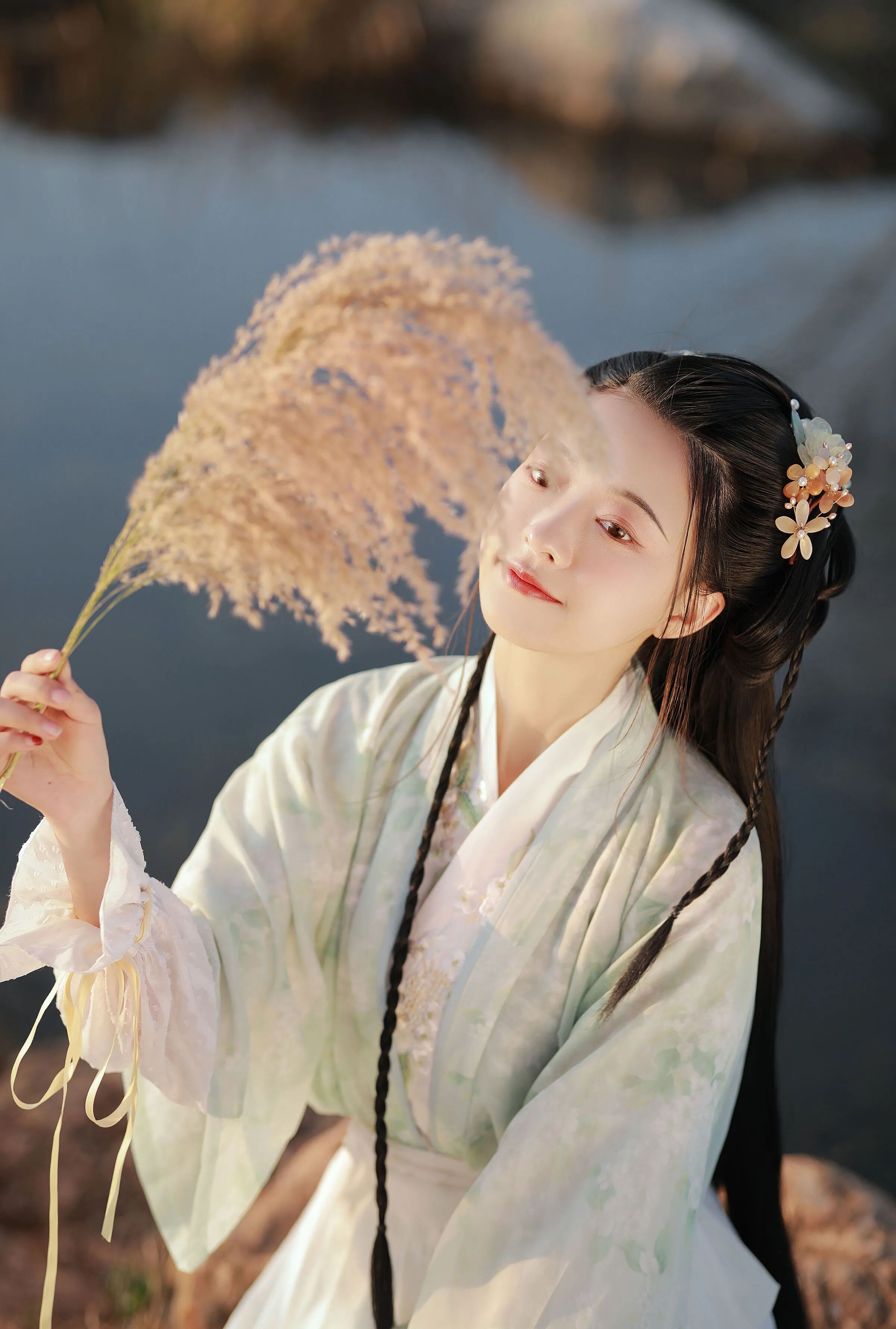 夕阳下手持芦苇