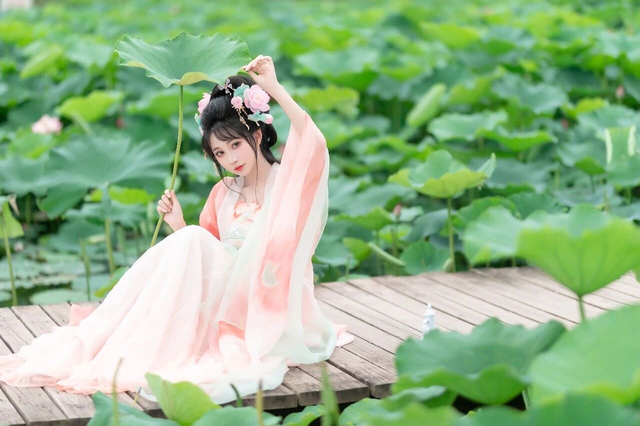 【汉服写真】齐胸襦裙舞荷塘:翠盖红衣翩然起,一池清梦落衣裳