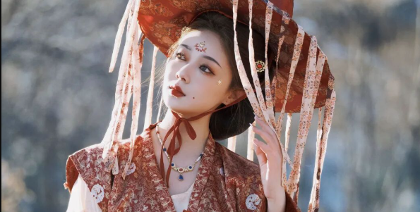 红棕织锦复原汉服+帷帽，在冬日山野枯草雪地间拍出苍凉异域古风感
