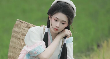 粉白汉服+竹篮油纸伞，在山野稻田里，拍出温润古风田园感