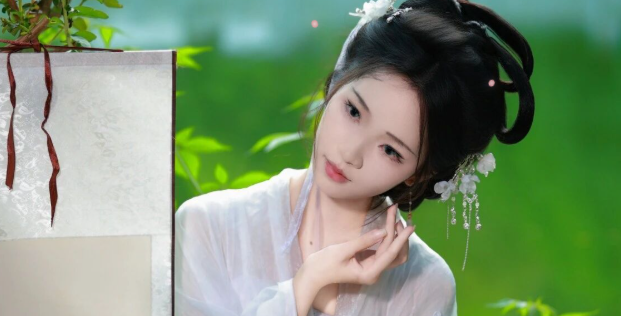 素衣临水执画卷：汉服少女入画来，一轴山水一寸心
