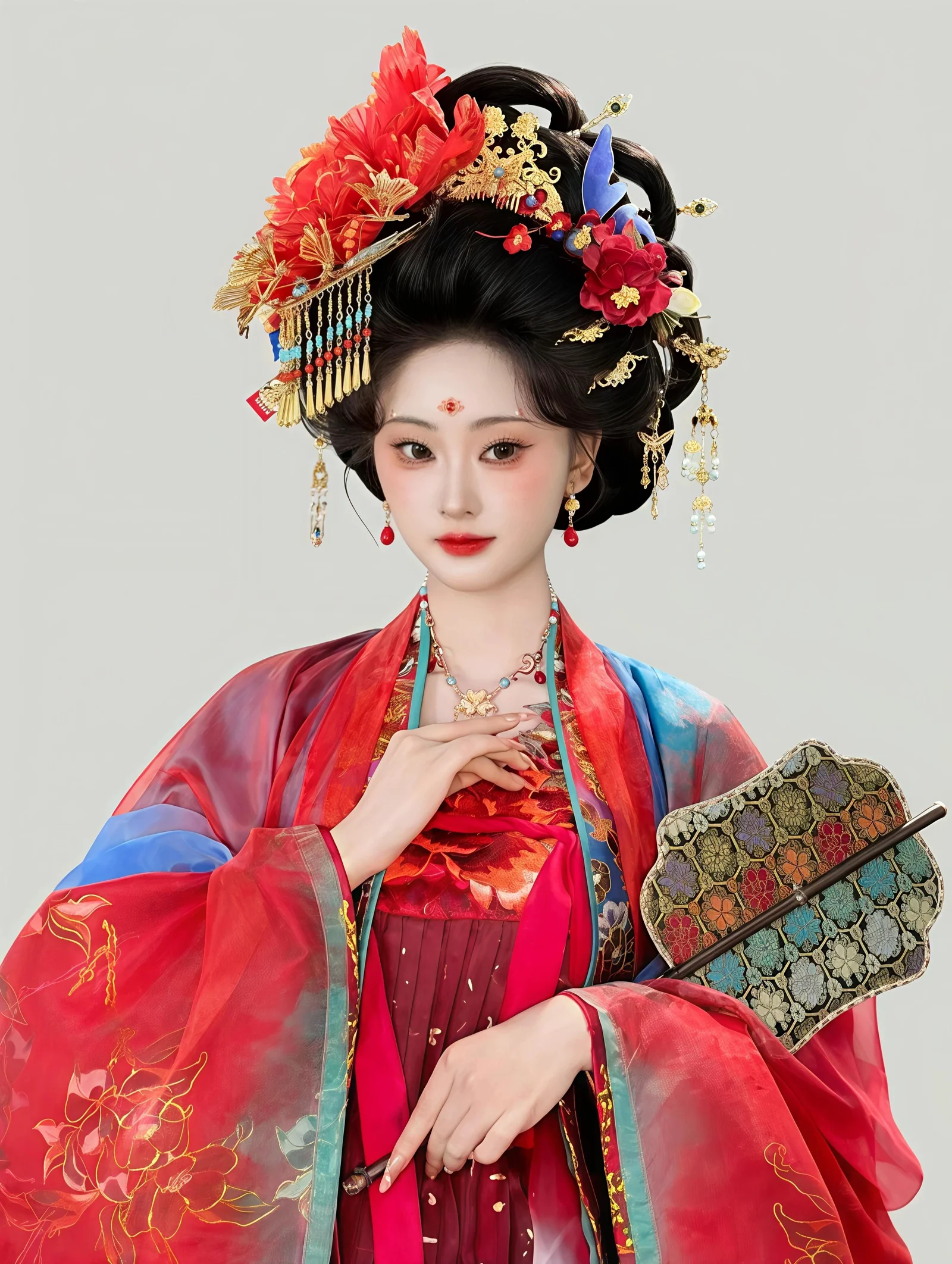唐制汉服妆造 红蓝霞帔 热烈奔放
