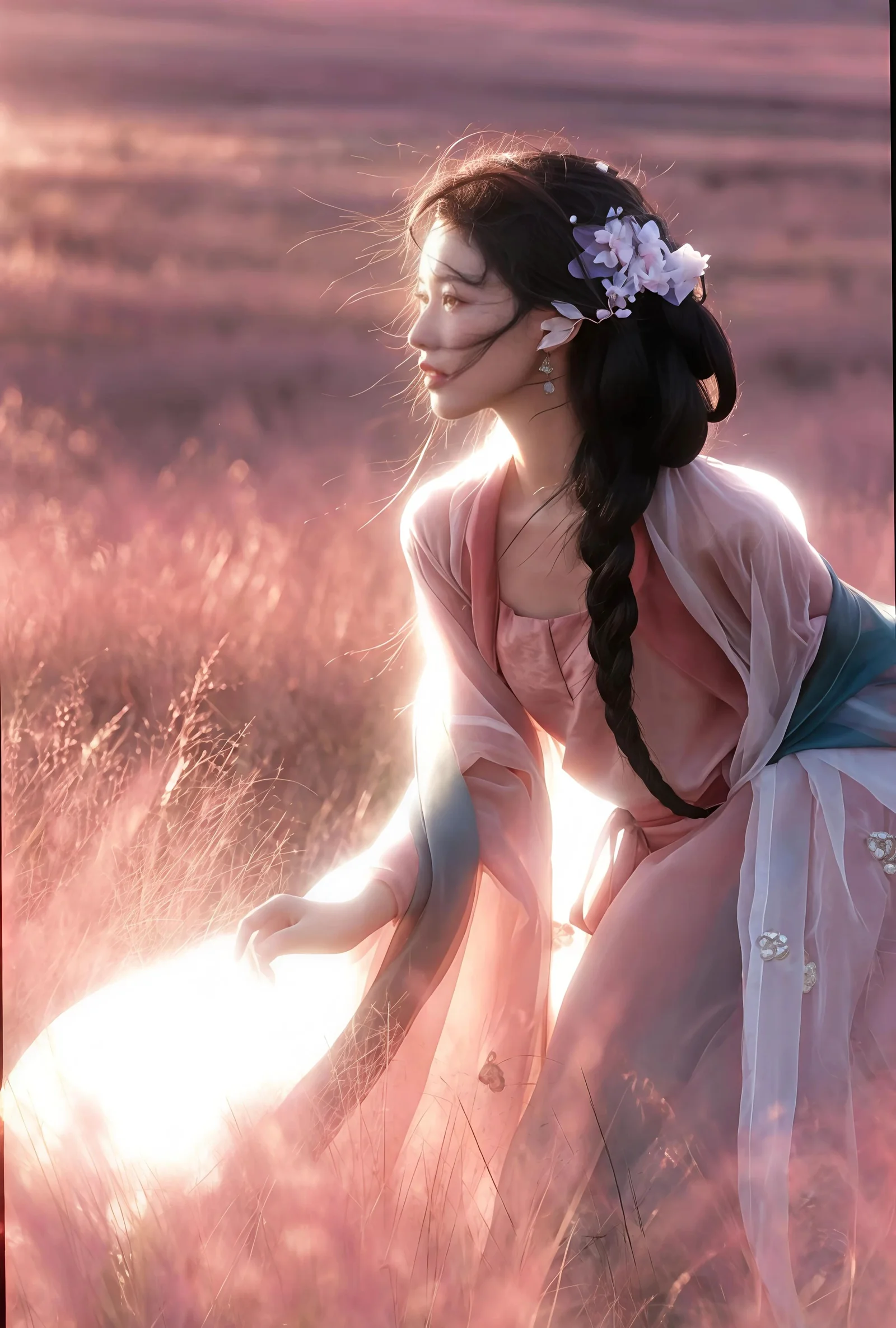 粉黛乱子草汉服写真 逆光俯身