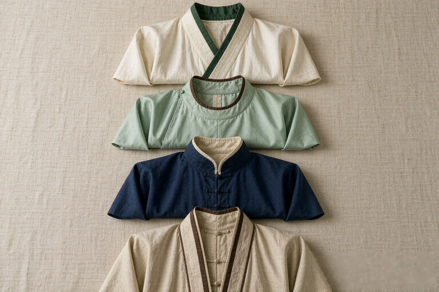 四种汉服领型对比:交领、圆领、立领与直领对襟