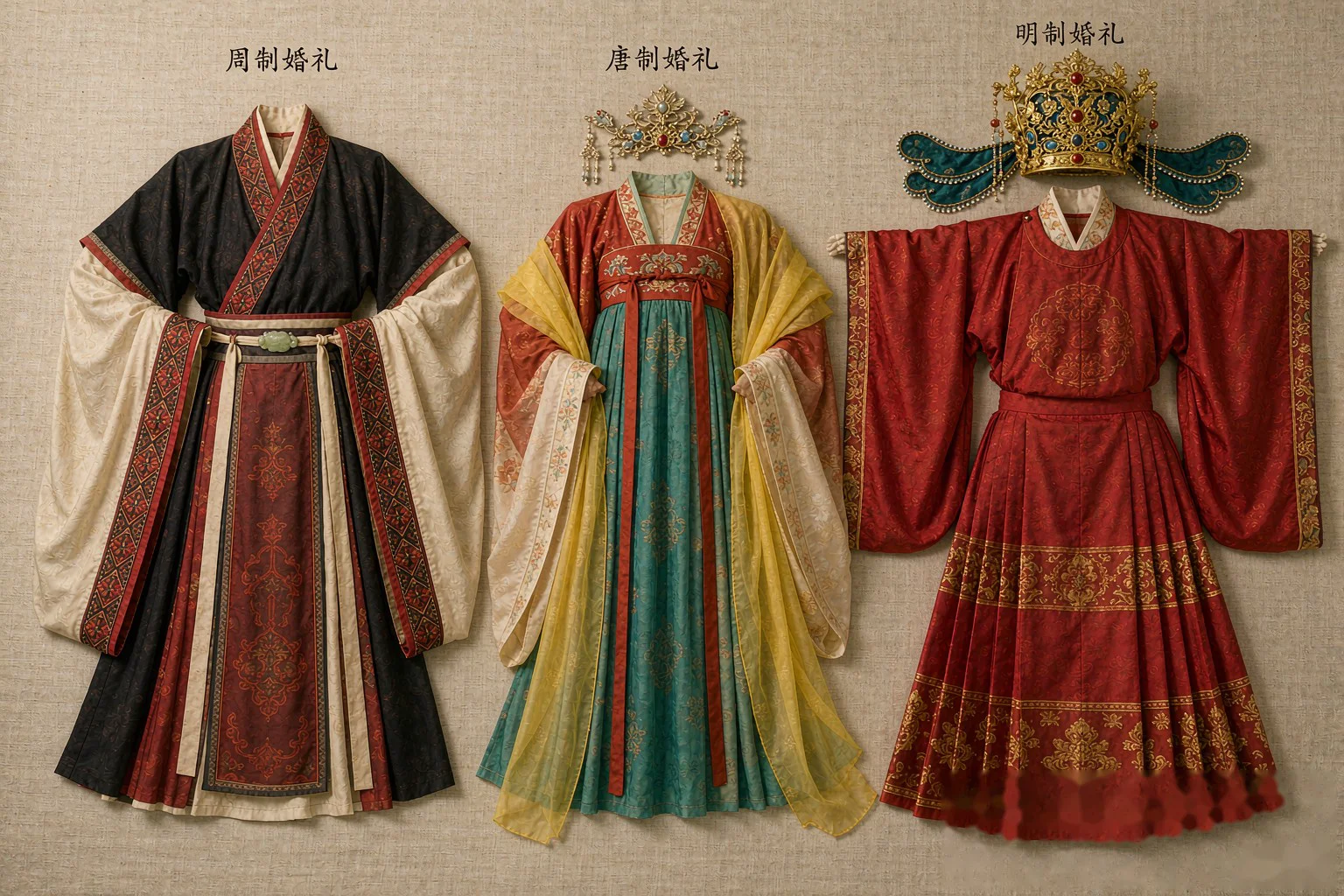 周制、唐制、明制三套婚礼礼服平铺对比