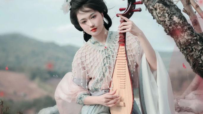 山间桃花粉蓝汉服写真教程：琵琶配披帛云肩，5个姿态拍出温婉才女风