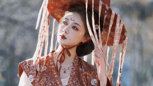 红棕织锦复原汉服+帷帽，在冬日山野枯草雪地间拍出苍凉异域古风感
