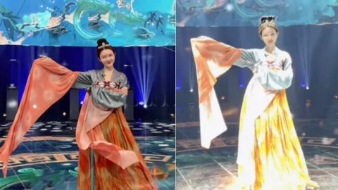央视女主持人龙洋 穿汉服舞袖展现东方古典美