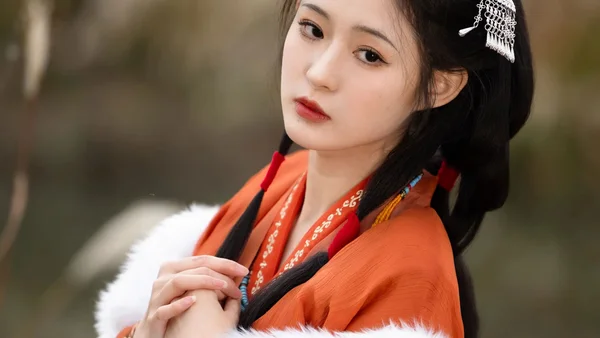 芦苇水岸｜橙红汉服白毛领拍出冬日清冷感