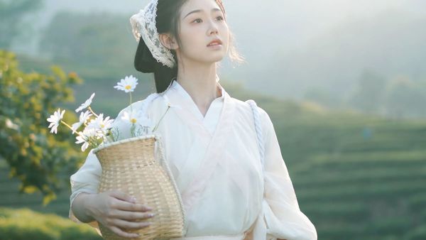 【汉服写真】白衫雏菊背竹篓：茶园晨光里，逆光托出清新少女感