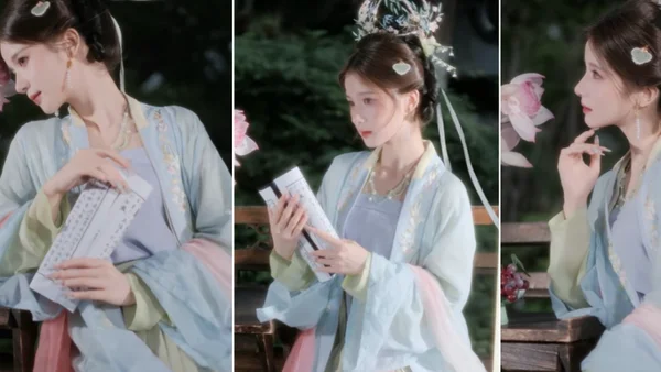 浅蓝绣花宋制汉服园林夜拍：6个姿势拍出温婉书香古风照