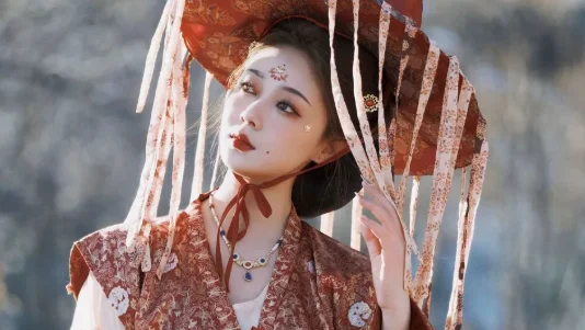 红棕织锦复原汉服+帷帽，在冬日山野枯草雪地间拍出苍凉异域古风感