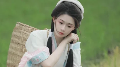 粉白汉服+竹篮油纸伞，在山野稻田里，拍出温润古风田园感