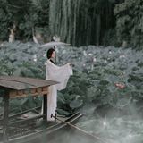 女子持荷叶遮阳