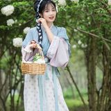 绣球花下蓝衫影：汉服少女巧笑嫣然，一枝春色入袖来