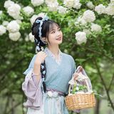 绣球花下蓝衫影：汉服少女巧笑嫣然，一枝春色入袖来