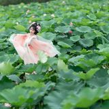 【汉服写真】齐胸襦裙舞荷塘：翠盖红衣翩然起，一池清梦落衣裳
