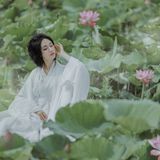 执笛荷畔听风吟：素白汉服映清池，一曲横笛惊起满塘诗