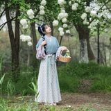 绣球花下蓝衫影：汉服少女巧笑嫣然，一枝春色入袖来