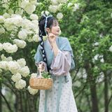 绣球花下蓝衫影：汉服少女巧笑嫣然，一枝春色入袖来