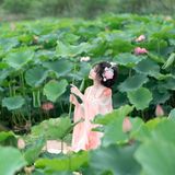 【汉服写真】齐胸襦裙舞荷塘：翠盖红衣翩然起，一池清梦落衣裳