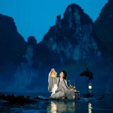 总要拍一次渔舟唱晚｜竹筏夜色的蓝纱汉服写真 第3帧
