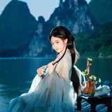 总要拍一次渔舟唱晚｜竹筏夜色的蓝纱汉服写真 第5帧
