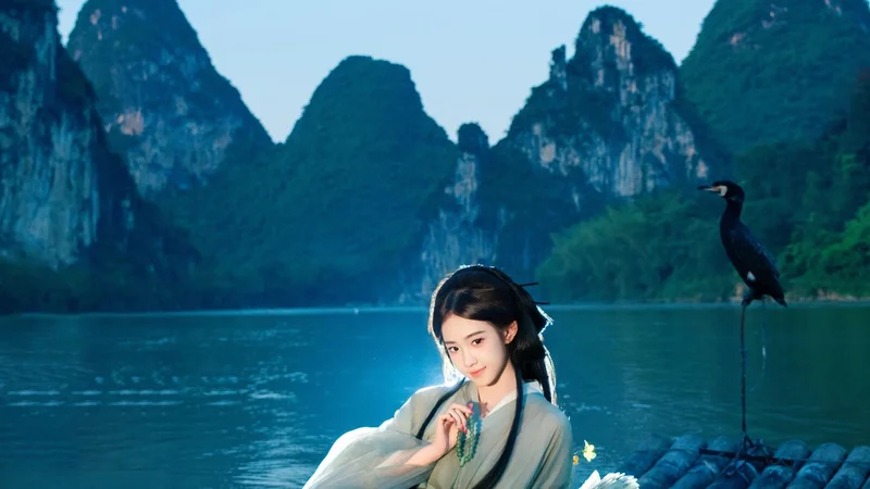 总要拍一次渔舟唱晚｜竹筏夜色的蓝纱汉服写真
